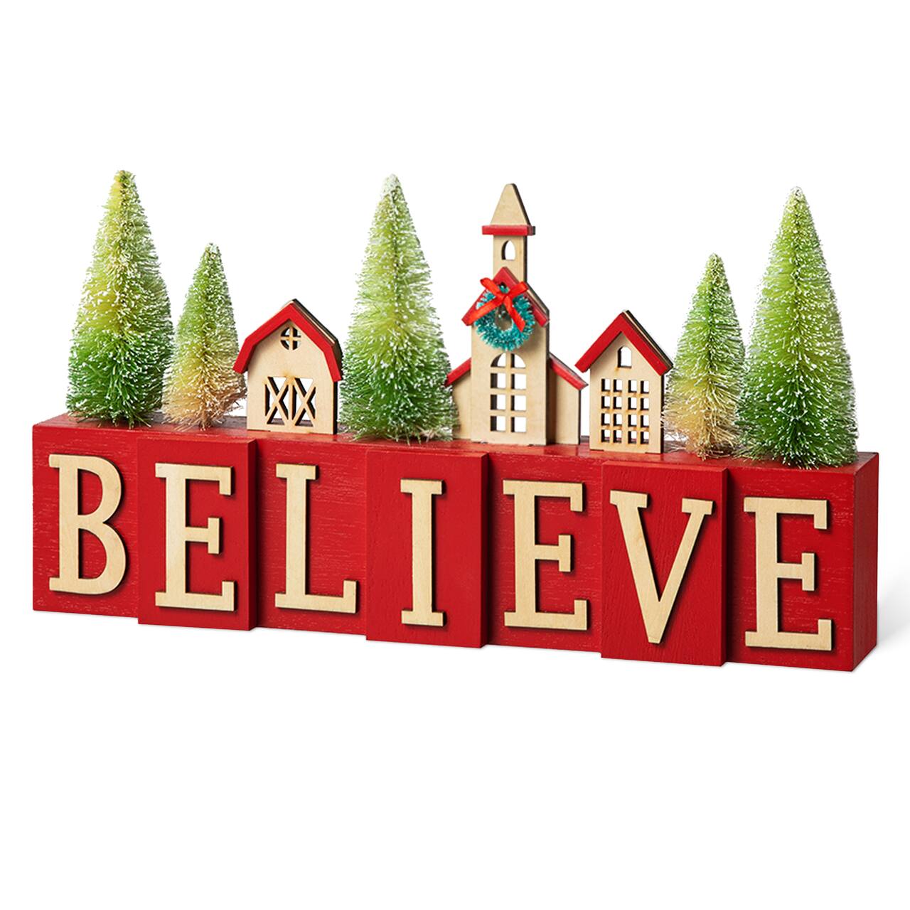 Glitzhome® 14" Christmas Believe House & Brush Trees Table Décor